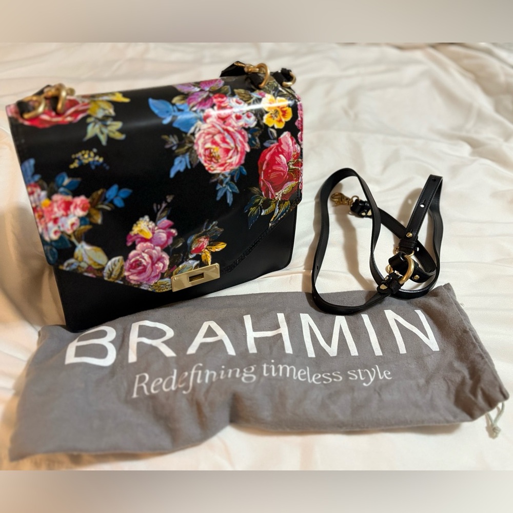 Brahmin Black and Pink Floral Shoulder Bag